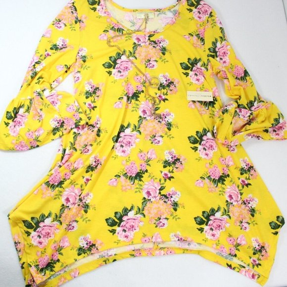 Bobbie Brooks Tops - Bobbie Brooks Womens Yellow Flower Printed Bell Sleeve Pullover Tunic Top Size M